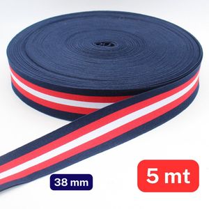 5 Meter Dunne Soepele ELASTIEK, Breedte 40MM, Kleur BLAUW/ROOD/WIT