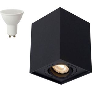 Rechthoekig opbouwspot GU10 fitting zand zwart kantelbaar + 1x 4W GU10 LED lamp 3000K LAMPINNO