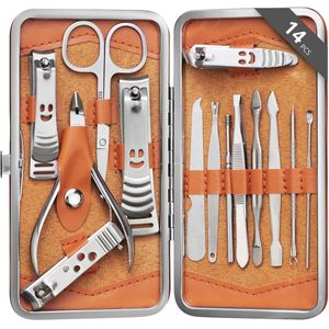 H&S Manicure & pedicure nagelset voor dames en heren - 14-delige reis-nagelverzorgingsset - Roestvrij stalen nagelset met ook nagelschaar en nagelknipper in kunstleren nageletui