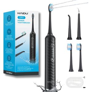 HAIDU 3 in 1 Elektrische Tandenborstel – 3 Verschillende Opzetstukken – 2 Opzetborstels – Zwart – Standaard Bundel