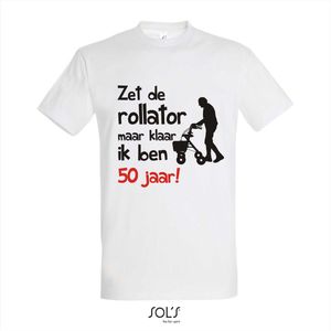 50 jaar - 50 jaar abraham - 50 jaar sarah - 50 jaar verjaardag - T-shirt Zet de rollator maar klaar ik ben 50 jaar! - Maat S - Wit T-shirt korte mouw