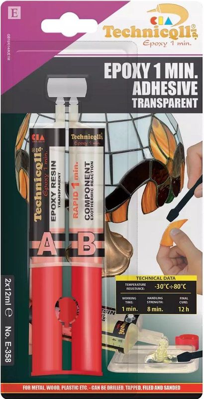 Technicqll Glasheldere Epoxylijm voor Glas, Porselein, metalen, 2 x 12 ml Helder Sneldrogend E-358