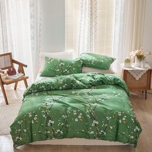 Beddengoed, 155 x 220 cm, groen, microvezel dekbedovertrek 155 x 220 cm en kussensloop 80 x 80 cm, design esthetische bloementak, modern dekbedovertrek met ritssluiting, voor eenpersoonsbed