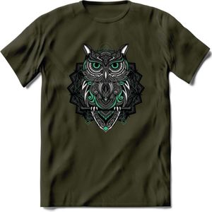 Uil - Dieren Mandala T-Shirt | Aqua | Grappig Verjaardag Zentangle Dierenkop Cadeau Shirt | Dames - Heren - Unisex | Wildlife Tshirt Kleding Kado | - Leger Groen - XXL