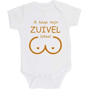 100% katoenen Romper bedrukt met grappige tekst Kado Cadeau Kraamkado Kraamcadeau ""Ik koop mijn zuivel lokaal"" Unisex Katoen Wit/tan Maat 62/68