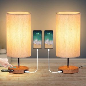 Nachtkastje Tafellampen met USB Oplaadpoort - 2-Pack Dimbare LED Lampen - 3 Kleurverandering - Vlasstoffen Schaduw - Slaapkamerkantoor