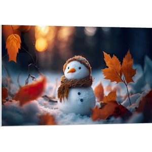 PVC Schuimplaat - Sneeuwpop met Bruine Sjaal en Muts in de Sneeuw tussen de Herfstbladeren - 90x60 cm Foto op PVC Schuimplaat (Met Ophangsysteem)