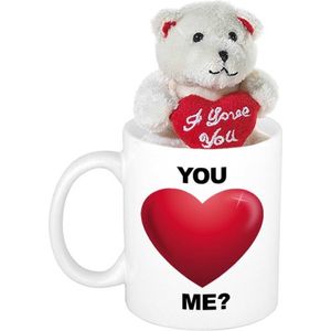 Valentijn cadeau You love Me beker / mok 300 ml met beige knuffelbeertje met love hartje - Valentijn cadeautje vrouw