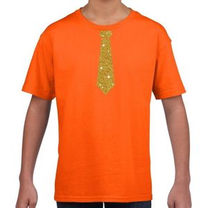 Oranje fun t-shirt met stropdas in glitter goud kinderen - feest shirt voor kids 134/140