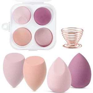 Crrynuo - 4-delige Make-upsponsenset - Roze - Latexvrij - Met Opberghouder en Droogrek