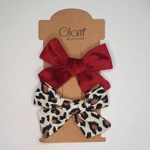 Haarstrikken groot - 2 stuks - Fluweel rood en panterprint