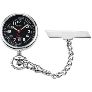 Verpleegster horloge met datum aanduiding van de merk Adora zilverkleurig met zwarte wijzerplaat..