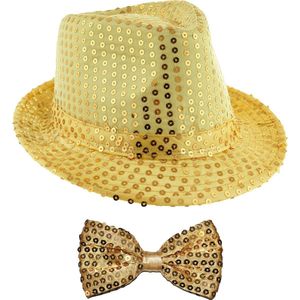 Toppers - Carnaval verkleedkleding setje - glitter hoedje en vlinderstrikje - goud - volwassenen - met pailletten