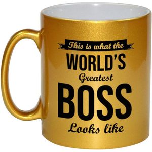 This is what the worlds greatest boss looks like cadeau koffiemok / theebeker 330 ml - goudkleurig - verjaardag / bedankje - tekst mokken