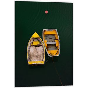 PVC Schuimplaat- Twee Houten Gele Bootjes Dobberend bij Rode Boei - 60x90 cm Foto op PVC Schuimplaat