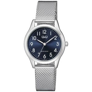 Q&Q-Horloge-Dames-Analoog-zilver kleurig-blauwe wijzerplaat-milanese band-32MM