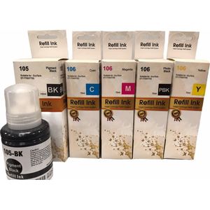 Huismerk vullingen geschikt voor Epson EcoTank Printers type 105 -106 - Set van 5 Stuks - 4 Kleuren – Ecotank vullingen, Refill inkt