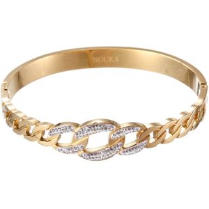 Nouka Dames Armband – Goud Gekleurde Bangle met Grove Schakel en Crystal Steentjes - Stainless Steel – Cadeau voor Vrouwen