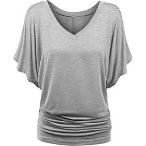 ASTRADAVI Damesmode - Top - Elegant V-hals shirt met vleermuismouwen - Batwing Blouse met met elastische zijkanten - Heather Grijs / Large