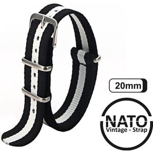 20mm Premium Nato Strap Zwart Wit - Vintage James Bond - Nato Strap collectie - Mannen - Vrouwen - Horlogeband - 20 mm bandbreedte voor oa. Seiko Rolex Omega Casio en Citizen
