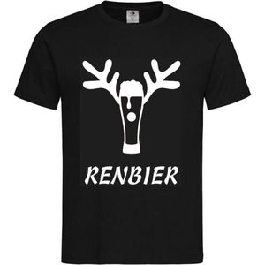 T-shirt Unisex Volwassenen Fout Foute Kerst Kerstmis Bier Man Grappig Tekst ""Renbier"" met gewei Rendier Op Voorkant | korte mouw | Zwart/Wit | maat S