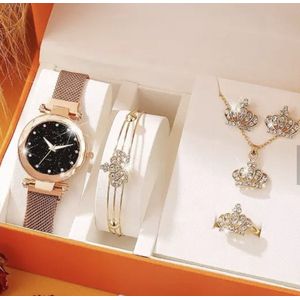 Horlogebox voor dames - geschenkdoos - cadeau set met horloge - oorbellen - ketting - ring - armband - valentijn cadeautje voor haar - goud - silver