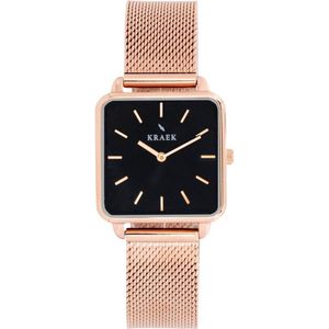 KRAEK Fay Rosé Goud Zwart 28 mm | Dames Horloge | Rosé Goud Mesh horlogebandje | Vierkant | Minimaal Design