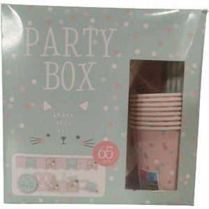 Party box Diertjes - Roze / Lichtblauw - Kat - Konijn - Hond - Feest set - 65 Stuks - Slinger - Bekers - Bordjes - Rietjes - Feestje - Kinderfeest - Servetten - Roltongen - Feesthoedjes