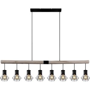 Grote hanglamp natuurlijke kleur, zwart, 8 lichtbronnen rechthoek - Hanglamp Houten plafondlamp - Hanglamp Kooi Kap Zwart Eetkamerlamp Hout Metaal 8x E27 Fitting L x B x H 140 x 13,3 x 120 cm