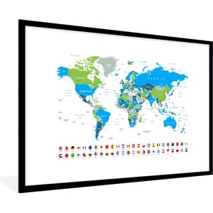 Fotolijst incl. Poster - Wereldkaart - Vlag - Blauw - Groen - 90x60 cm - Posterlijst
