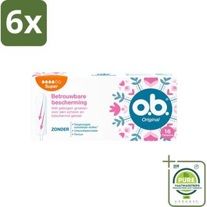 o.b. Tampons - Original Super - Gebogen Groeven - Voor Betrouwbare Bescherming - 16 Tampons - Voordeelverpakking - 6 stuks - Menstruatieschijfjes - Tampons