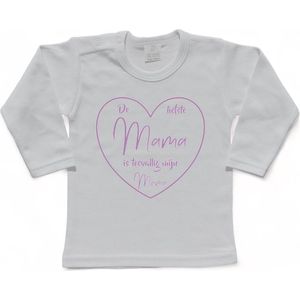 T-shirt Kinderen ""De liefste mama is toevallig mijn mama"" Moederdag | lange mouw | Wit/lila | maat 104
