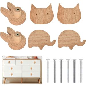 Dierenhouten ladegrepen - massief houten handvat in dierenvorm - set van 6 - keuken slaapkamer kastknoppen .