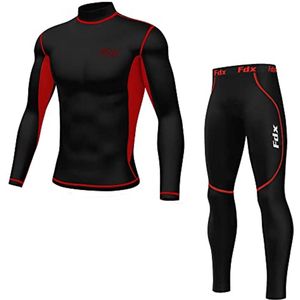 Thermisch Ondergoed voor Heren, Lichtgewicht Fleece Gevoerde Wintercompressieset, Lange Mouwen en Broeken voor Buitenactiviteiten, Zwart/Rood