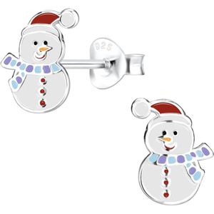 Zilveren oorbellen meisje | Oorbellen kind | Zilveren oorstekers, sneeuwpop met gekleurde sjaal en kerstmuts