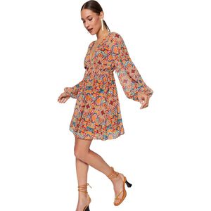 Trendyol Oranje Etnisch Patroon Taille Opening Chiffon Gevoerde Mini Geweven Jurk Twoss23El00519