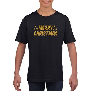 Merry Christmas Kerst T-shirt - Zwart met Gouden Glitter Bedrukking - Kinderen