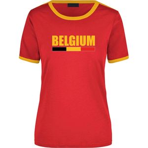 Belgium supporter rood/geel ringer t-shirt Belgie met vlag - dames - landen shirt - supporter kleding / EK/WK S