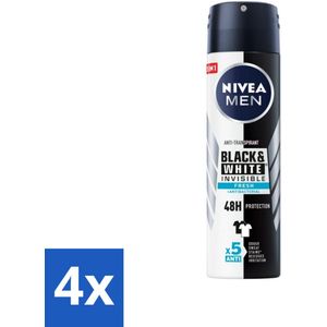 Nivea - Men - Deodorant - Spray - Black & White Invisible Fresh - 150 ml - Voordeelverpakking - 4 stuks