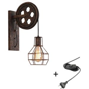Hoexs - Industriële Wandlamp – Vintage Katrol Lamp met Stekker en Schakelaar – Voor Binnen – E27 Fitting – Metaal en Hout Design – Loft Stijl Wandverlichting
