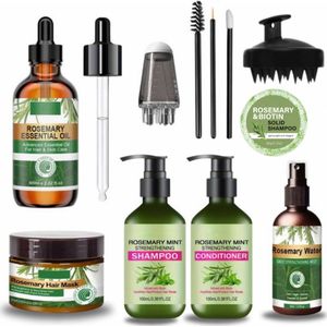 Rosemary Oil PRO - 10-delig - Complete set Rozemarijn - Olie / Shampoo / Conditioner / Masker / Spray / Applicator / Scalp Massager - Haargroei - Anti Pluis - Haaruitval - Navulflesjes voor Wimpers - Wenkbrauw