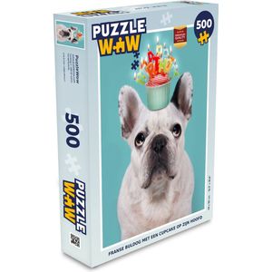 Puzzel Franse buldog met een cupcake op zijn hoofd - Legpuzzel - Puzzel 500 stukjes