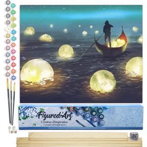 Figured'Art Schilderen op Nummer Volwassenen canvas Maan Meer - Handwerk acrylverf Kit DIY Compleet - 40x50cm met DIY houten lijst