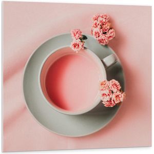 Forex - Roze Tafelkleed, Drank en bloemetjes - 100x100cm Foto op Forex