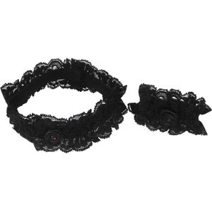 Kinder haarband+armband zwart met roosje en rode strass punt
