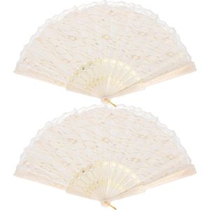 Handwaaier/Spaanse waaier van kant - 4x stuks - wit creme - polyester - 40 cm - decoratief - carnaval - verkleed