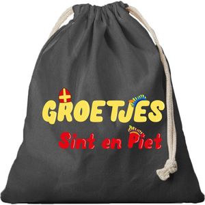 1x Groetjes van Sint en Piet cadeauzakje zwart met sluitkoord - katoenen / jute zak - Sinterklaas kadozak voor pakjesavond