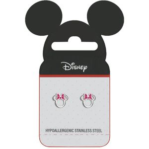 Disney 4-DIS047 Minnie Mouse Oorbellen - Minnie Oorknopjes - Disney Sieraden - 7,2x7,7mm - Rood Emaille Strikje - Staal - Hypoallergeen - Zilverkleurig