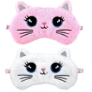 Thelau - Pluche oogmasker voor comfortabel dutje en slaap - 2 stuks - schattig dier motief - satijnen blinddoek - nacht oogbedekking voor mannen en vrouwen - cadeau - roze witte kat design