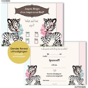 GR005 TWEELING (8 stuks) - Baby Gender Reveal uitnodiging 8 st - Zebra -Gender reveal party - invulkaarten - Jongen of een Meisje? uitnodigingen met enveloppen - kaarten met enveloppen - Zebra thema